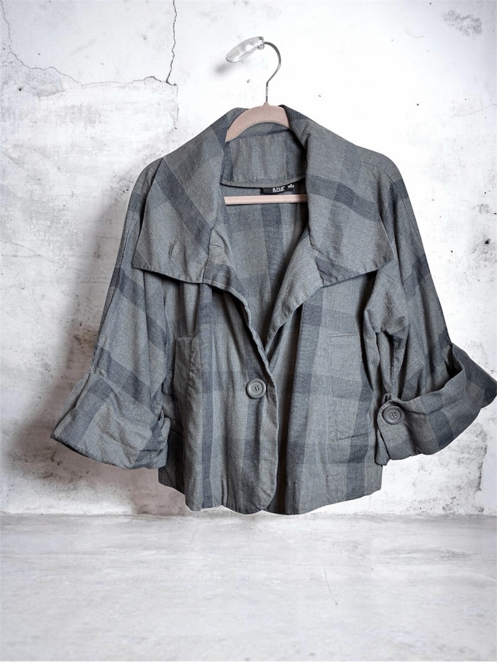 a.n.a Gray Plaid Cropped Blazer with Roll-Tab Sleeves